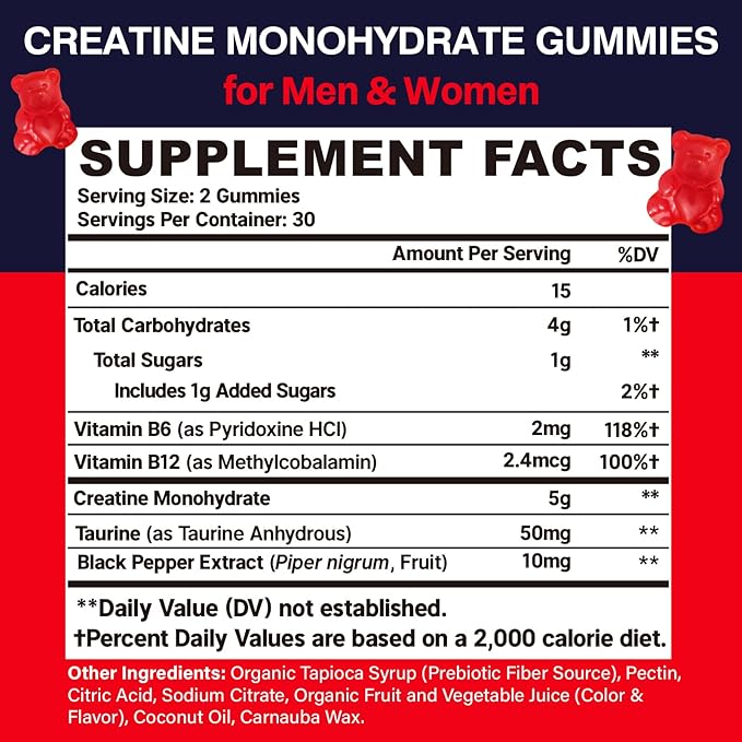 Creatine Monohydrate Gummies for Women &amp Men Taurine &amp B6 Chewable Creatina Pre Workout Gummies for Max Strength &amp Muscle Growth Energy Endurance Creatine for Men &amp Women - 1 Pack