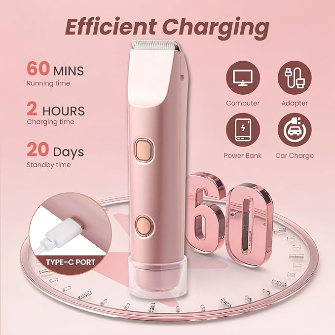 Bikini Trimmer for Women 2-in-1 Electric Razors for Pubic Hair Painless Wet &amp Dry Use Dual Head Electric Shaver for Women Support 60 Minutes Runtime for Facial Hair Removal &amp Body &amp Intima