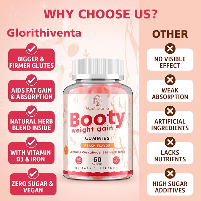 Booty Gummies for Women BBL Gummies Contains CurvaBoost BBL Herb Blend &amp Creatine Monohydrate for Booty Curves &amp Energy Zero Sugar Vegan Peach Flavor - 120 Counts