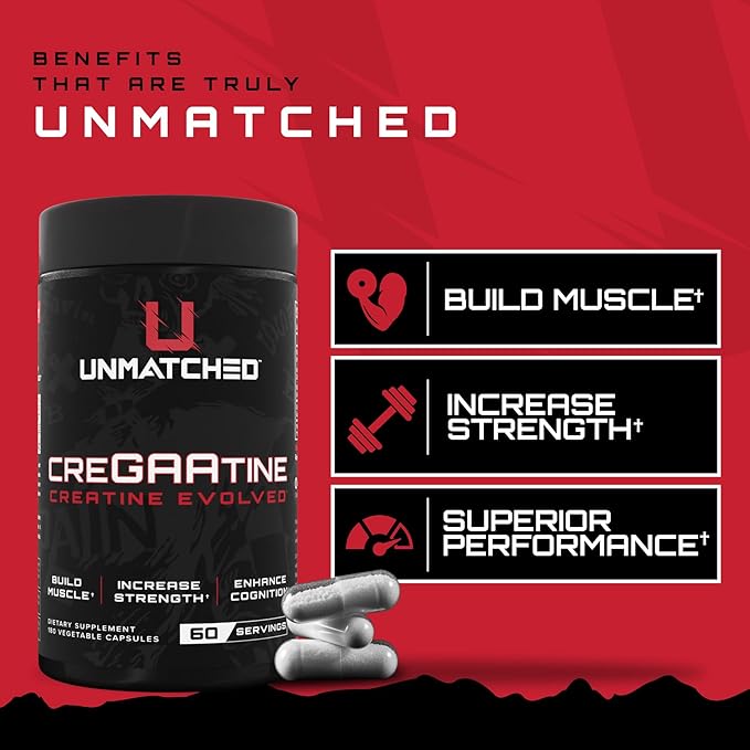 Unmatched CreGAAtine Optimized Creatine | Creatine Monohydrate + GAA (Guanidinoacetic Acid) | Muscle Build Strength Recovery | 180 Capsules 60 Servings (Unflavored)