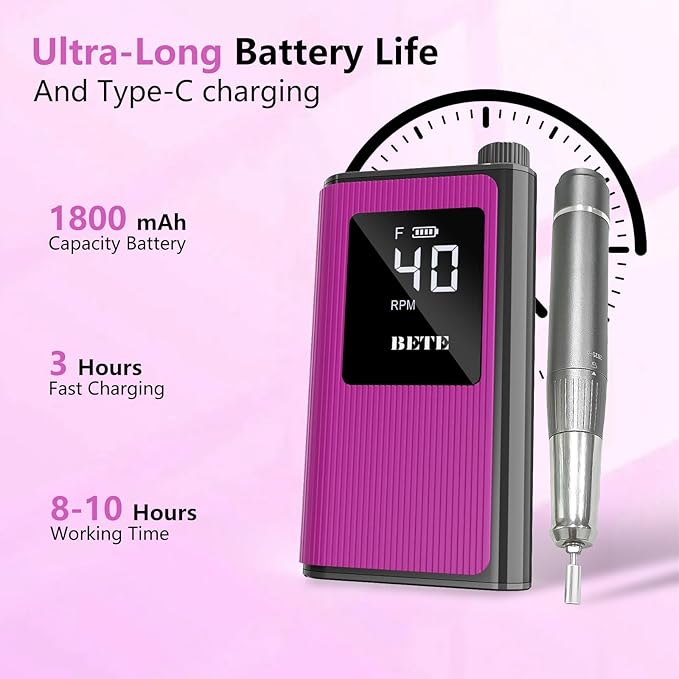 BETE Professional Nail Drill 40000 RPM Cordless Electric Nail File Kit with 6 Bits Rechargeable Efile for Acrylic Gel Nails Polishing Manicure Tools for Salon Home Use Rose Red