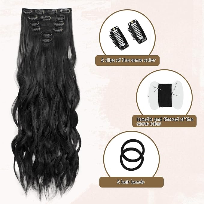 Clip in Hair Extensions for Women Natural Black Extensions 24 Inch 6PCS Hairpieces Long Wavy soft Thick Hair Extensions clip ins