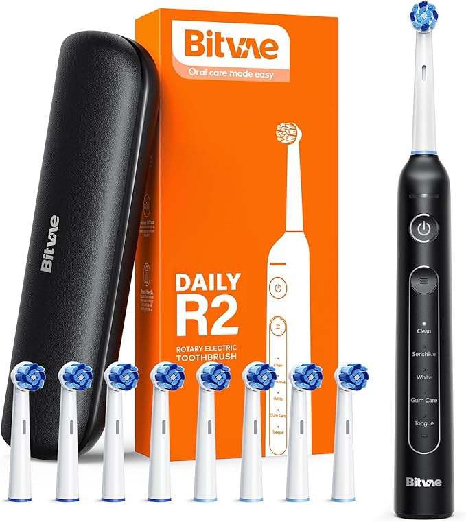Bitvae R2 Rotating Electric Toothbrush for Adults with 8 Brush Heads Travel Case 5 Modes Rechargeable Power Toothbrush with Pressure Sensor 3 Hours Fast Charge for 30 Days Black