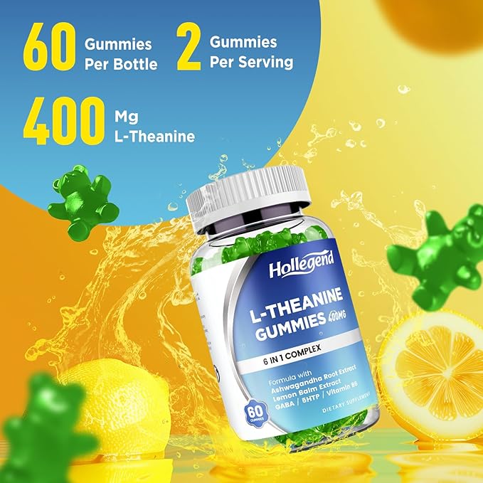L-Theanine Gummies l'theanine 400mg with Ashwagandha GABA 5HTPL-Theanine Chewable Supplement for Relax Zzz &amp Focus Support Vegan Lemon Flavor 120 Counts