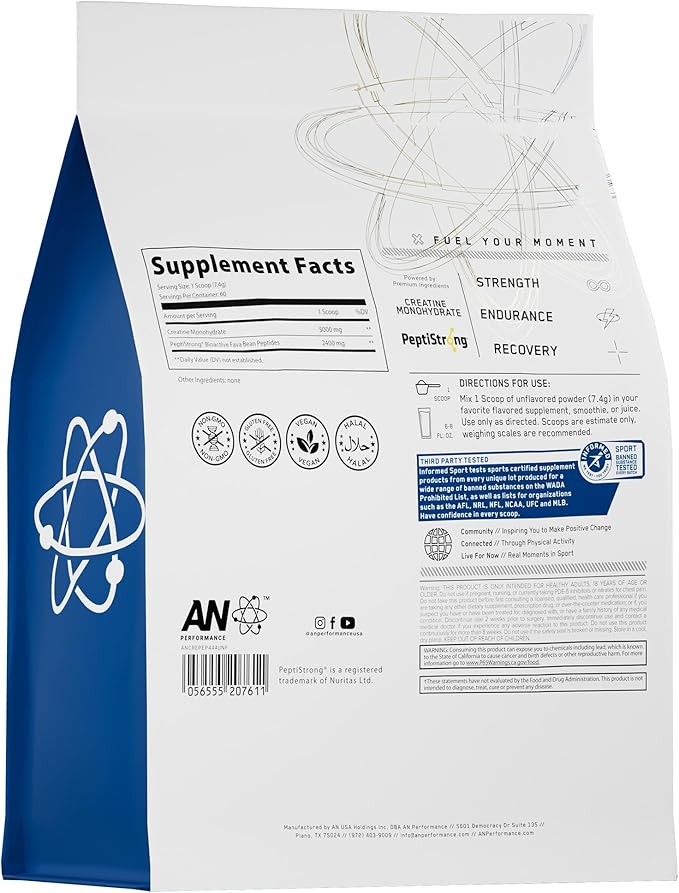 AN Performance Creatine + Peptide | Unflavored | 5g Creatine Monohydrate 2.4g PeptiStrong | Gluten-Free Low Carb Low Fat | Keto Friendly | 60 Servings