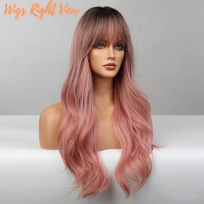 Honygebia Pink Wigs with Bangs - Long Ombre Pink Wigs for Women Light Wavy Heat Resistant Hair Pink Synthetic Dark Root Natural Looking - Best Wig for Halloween/Christmas/Cosplay/Party