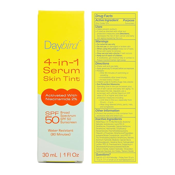 Daybird 4 in 1 Tinted Serum Tinted Moisturizer and Sunscreen for Face SPF 50+ Niacinamide 1 Ounce (light)