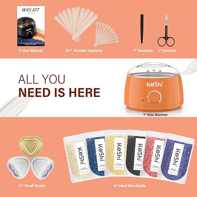 KeShi Waxing Kit Painless Hair Removal Wax Warmer with 6 Bags Hard WaxBeans for Full Body Legs Face Eyebrows &amp Bikini? Ideal for Both Women &amp Men(Orange)