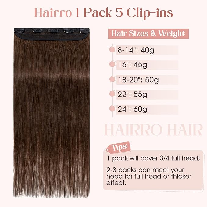 Hairro 22 Inch Clip in Extensions 100% Remy Human Hair 55g One-piece 5 Clips Long Straight Hair Extensions for Women Wide Weft Soft Silky #4 Medium Brown