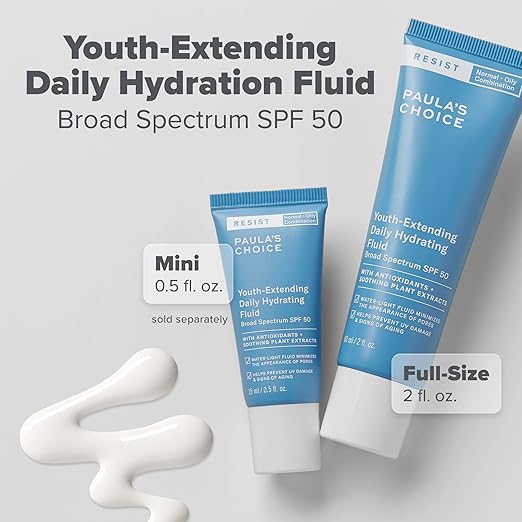 Paula's Choice RESIST Daily Hydrating Fluid Face Moisturizer with SPF 50 Sunscreen Face Sunscreen for Oily Skin Chamomile &amp Vitamin E UVA/UVB Protection Fragrance-Free TSA Friendly
