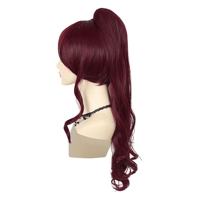 GNIMEGIL Short Wine Red Wigs for Women with 27 inch Long Ponytail in Deep Burgundy Wig with Bangs Trendy Hair Accessory Megara Wigs with Hair Extensions Ponytail Halloween Costume Dark Cherry Red Wig