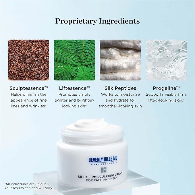 Beverly Hills MD Lift &amp Firm Sculpting Cream- Tighten &amp Tone Skin Anti-Aging Lotion for Smooth Moisturized Complexion- Lift and Smooth Face Neck D?collet? w/Silk Peptides + Aloe Vera Vit