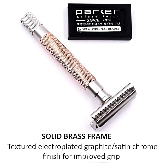 Parker Semi-Slant Safety Razor ? Rose Gold Finish | Elegant DE Razor for Women &amp Men with Sensitive Skin | Slanted Head + 5 Parker Blades for Smooth Results | Iconic Brand