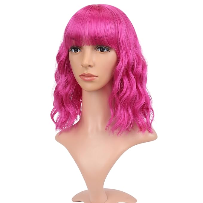 FAELBATY Short Curly Wavy Hot Pink Wigs with Air Bangs Shoulder Length Wig for Women Synthetic Halloween Cosplay Costume for Girl (12 Hot Pink)