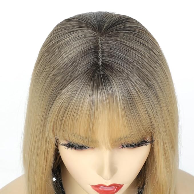 Short Straight Bob Wig With Bangs 14 Inch Ombre Blonde Synthetic Hair Wigs For Women Heat Resistant Natural Looking Hair Wig For Party Daliy Use(Blonde 14 inch)