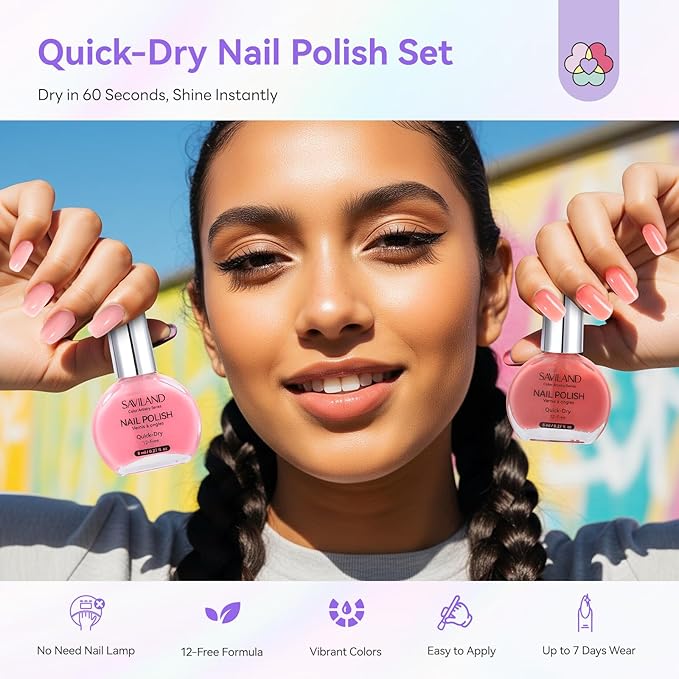 SAVILAND Color Artistry Nail Polish Set: 12 Colors Sheer White Nudes Pink Nail Polish Air Quick Dry Fingernail Polish 12-Free Nail Lacquer DIY Manicure Gift for Girls Women