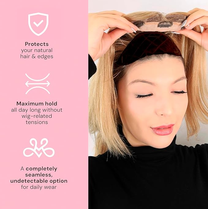 MILANO COLLECTION Glueless Top Grip for Hair Topper &amp Wiglets Adjustable Translucent Strap with Side Openings Top Headband for Your Wig or Topper Includes Clips Brown Medium