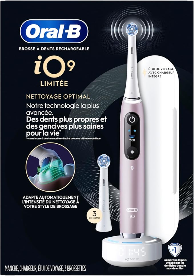 Oral-B iO Series 9 Limited Rechargeable Rose Quartz Electric Toothbrush with (2) Ultimate Clean and (1) Gentle Care Replacement Brush Heads White Travel Case-White and Charger