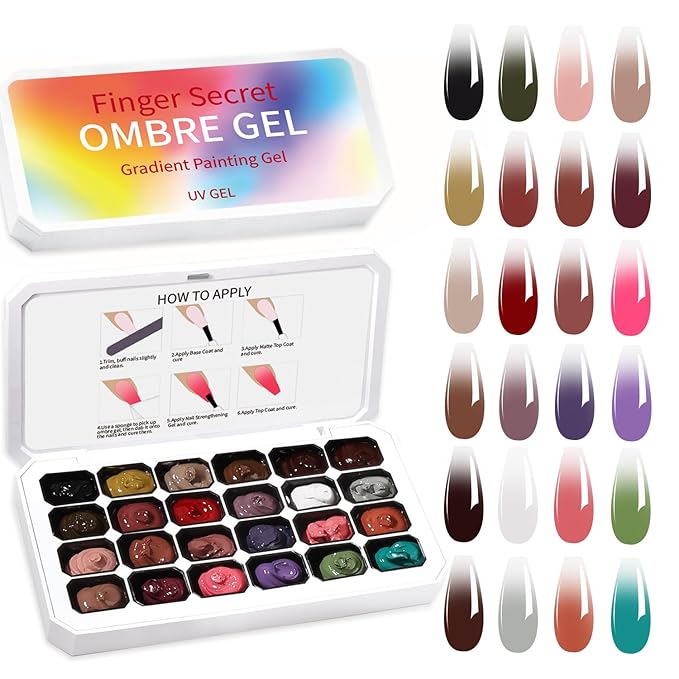 24 Colors Ombre Gel Nail Polish SetOmbre Pigment for NailsGradient Painting Gel with 100Pcs Nail Sponges for 3D Gels Nail Art can be Painted in Salon or Home Use
