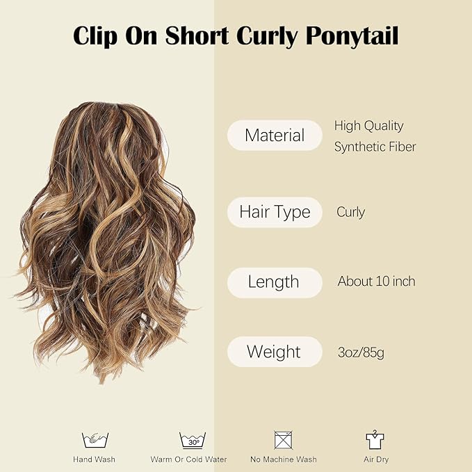 Claw Clip Ponytail Hair Extension / 10 Inch Synthetic Short Wavy Curly Fake Ponytails/Clip In On Pony Tail Hairpieces For Women (Brownish Blonde)