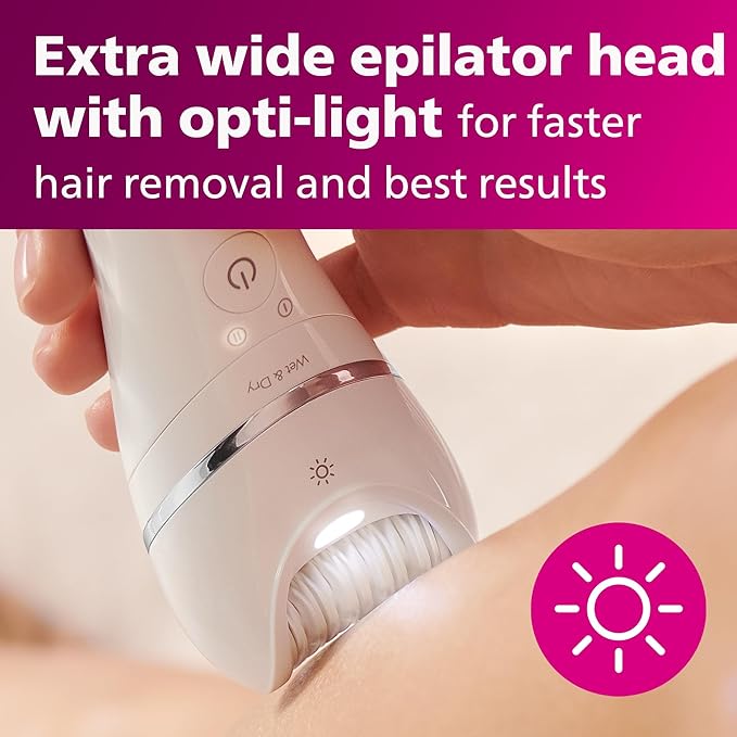 Philips Epilator Series 8000 Wet &amp Dry 3-in-1 with Shaver &amp Trimmer Attachments for Women 8 Accessories Included BRE720/14