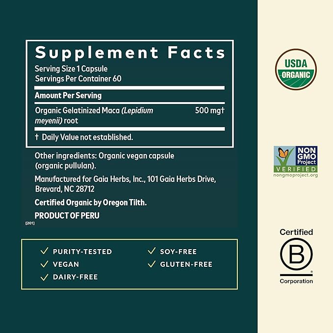 Gaia Herbs Maca Root - Caffeine-Free Natural Energy Supplement - Supports and Maintains Healthy Energy and Stamina - Made with Organic Maca Root (Lepidium meyenii) - 60 Vegan Capsules (30-Day Supply)