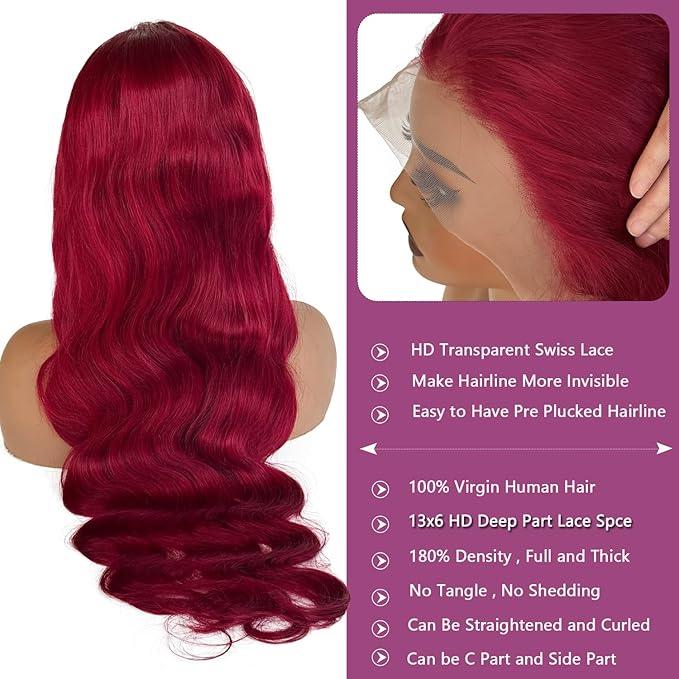 99j Burgundy Lace Front Wigs Human Hair 30 Inch Body Wave 13x6 Lace Front Wigs Human Hair 99j Red Wine Body Wave Glueless Wig Human Hair Pre Plucked Lace Frontal Wig for Black Women 180% Density
