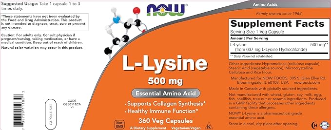 Now L-Lysine 500 mg 360 Vegetarian Capsules
