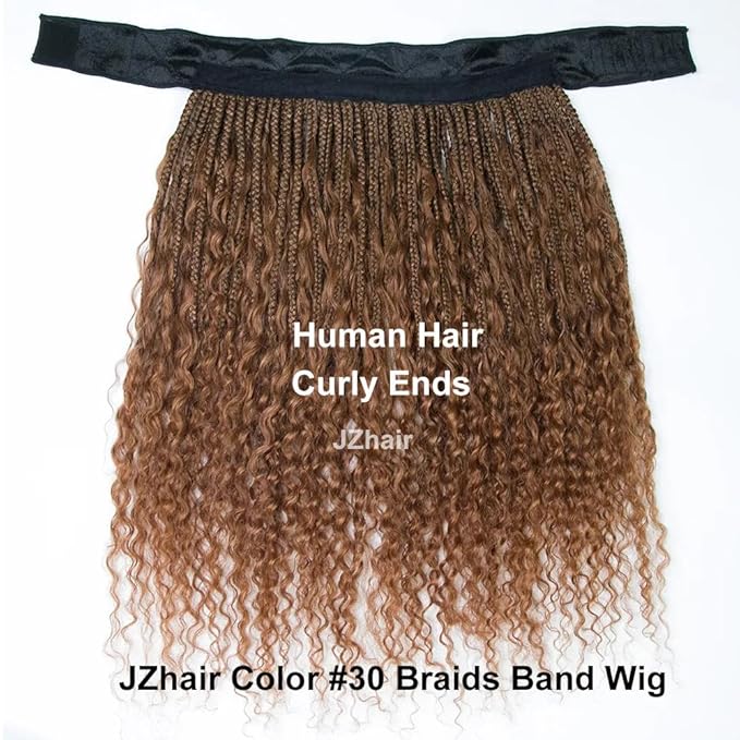#30 Light Brown Braids Band Wig With Human Hair Curly Ends Boho Box Braids Head Band Wig Grab And Go Braided Hair Extensions For Women Color 30 20 Inch