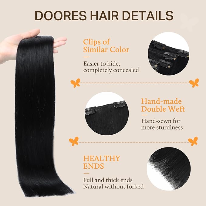 DOORES Human Hair Extensions Clip in 5pcs 85g Dark Brown 22 Inch Clip in Hair Extensions Natural Remy Hair Extensions