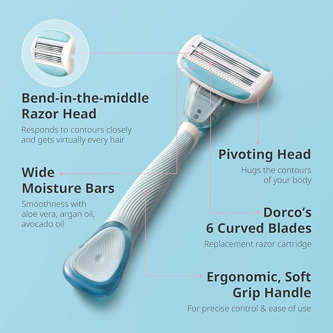Dorco EVE6 Razor for Women Includes 1 Razor Handle and 6 Long-Lasting Razor Blade Refills| 1 Handle + 6 Cartridges (Handle + 6 Refills)