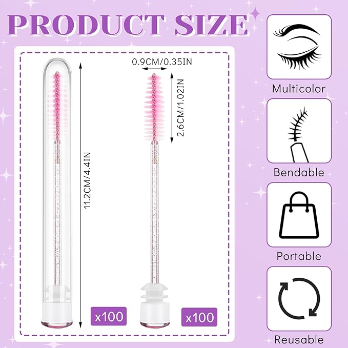 200 Pieces Mascara Wand Tube Set 100 Pcs Lash Spoolies for Eyelash Extensions 100 Pcs Diamond Empty Mascara Brush Disposable Colorful Eyebrow Applicator Makeup Tool (Bright)
