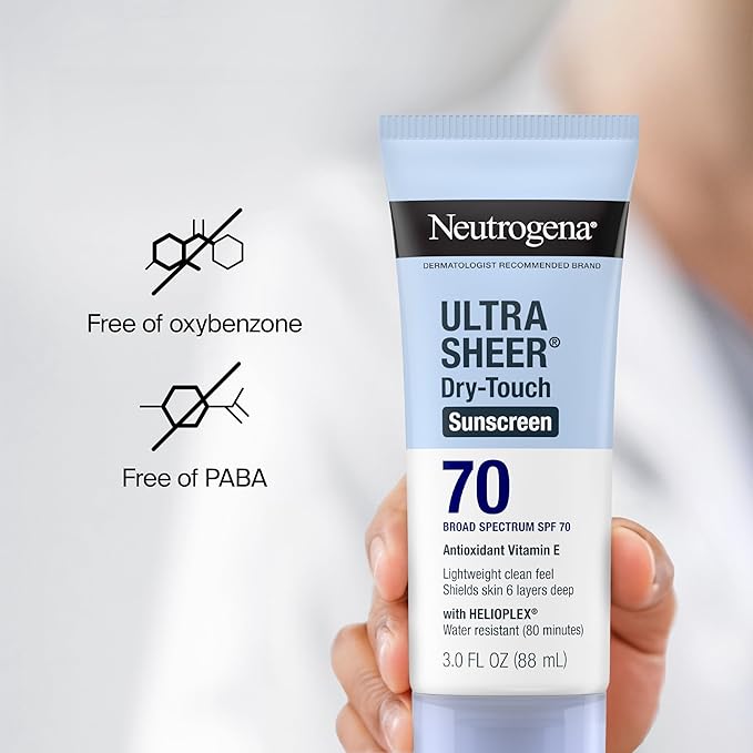 Neutrogena Ultra Sheer Dry-Touch Sunscreen For Face &amp Body SPF 70 Broad Spectrum UVA/UVB Protection Lightweight Water Resistant &amp Non-Greasy Travel Size Sunscreen 3 fl. oz (Pack of 3)