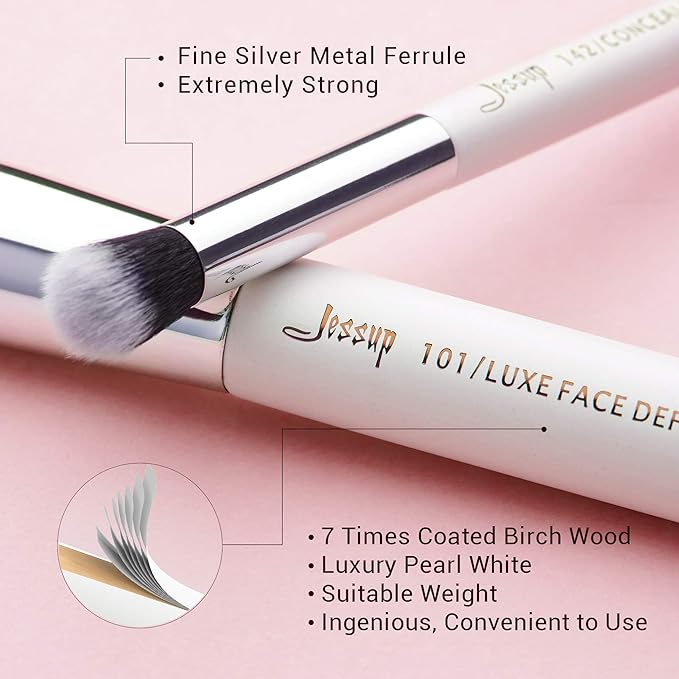 Jessup Brand 25pcs Professional Makeup Brush Set Beauty Cosmetic Foundation Powder Blusher Eyeshadow Blending Highlight Concealer Natural-Synthetic Hair Brushes Set (Pearl White/Silver)