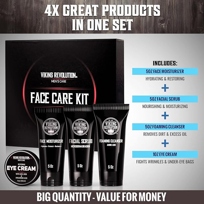Viking Revolution Men's Facial Skin Care Kit - Includes Rejuvenating Face Moisturizer Microdermabrasion Facial Scrub Foaming Cleanser (5oz Each) and Eye Cream (1oz)