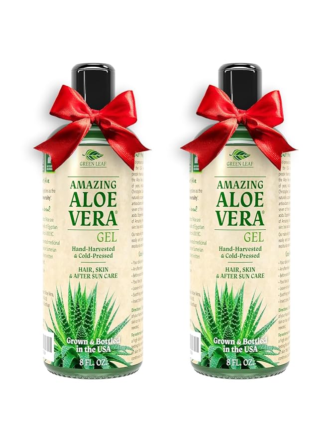 Green Leaf Naturals Amazing Aloe Vera Gel - Freshly Cut 100% Pure Aloe Premium Quality Vegan Unscented - Natural Sunburn Relief After Shave Skin Face &amp Hair Care (two 8oz bottles) 16oz