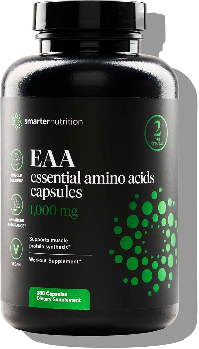 SMARTERNUTRITION Essential Amino Acids (EAA) Capsules - 1 Gram Per Serving of All 9 EAAs - Supports Muscle Mass &amp Exercise - Non-GMO Vegan Gluten Free - 180 Count[90-Day Supply]