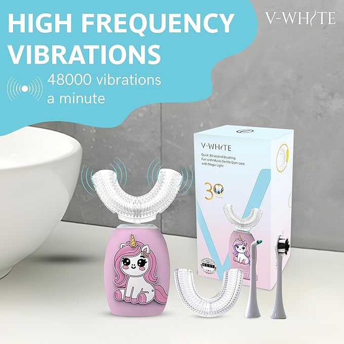V-WHITE Electric Toothbrush Kids- Ultrasonic U-Shaped Toothbrushes for Teeth Whitening - 360° Mouth Cleansing Hands Free Gums Protection - Wireless Charging &amp LED Light - Waterproof IPX7 Certifie