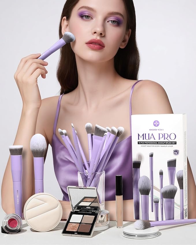 EIGSHOW Makeup Brushes Set 15Pcs Professional Make Up Brush with Silver Ion Bristles for Foundation Powder Blush Highlighter Concealer Eyeshadow Eyeliner Travel Gift Set (Matte Purple)