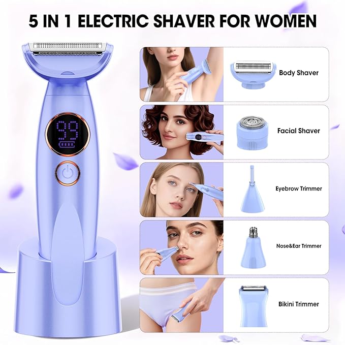 5 in 1 Bikini Trimmer for WomenIPX7 Waterproof Cordless Replaceable PubicEyebrowFacial Electric Razors&ampNose Hair Trimmer&ampPainless Body Shaver for Arms Legs UnderarmsUSB ChargeLED Display