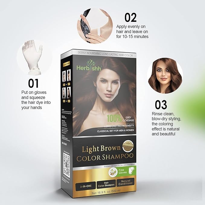Herbishh Light Brown 3 in 1 Hair Dye Shampoo 500 ML + Travel Size Dye Shampoo pack of 10 30 ML Each - Champu Para Canas Muje