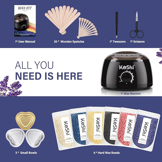 KeShi Waxing Kit Painless Hair Removal Wax Warmer with 6 Bags Hard WaxBeans for Full Body Legs Face Eyebrows &amp Bikini? Ideal for Both Women &amp Men