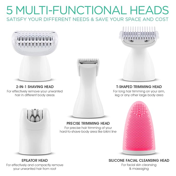 VOYOR Electric Shaver for Women Bikini Trimmer Hair Remover for Face Body 5 in 1 Groomer Kit Lady Shaver Bikini Razor Women for Hair Trimmer Cordless Rechargeable Waterproof ES500