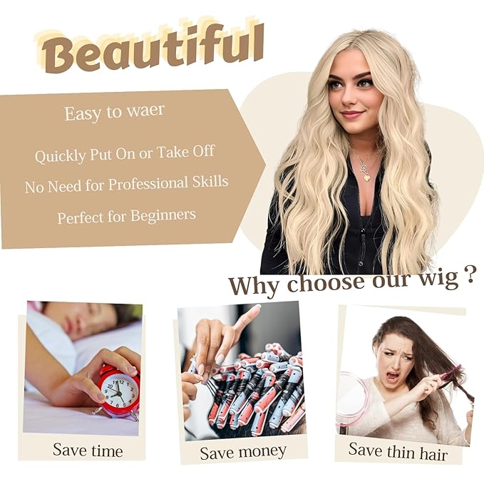 Haoland 613 Blonde Wigs for Women Lace Hairline Long Blonde Wigs Middle Part Long Curly Wig Heat Resistant Synthetic Hair Looking Natural Fiber Wig for Daily Party Use