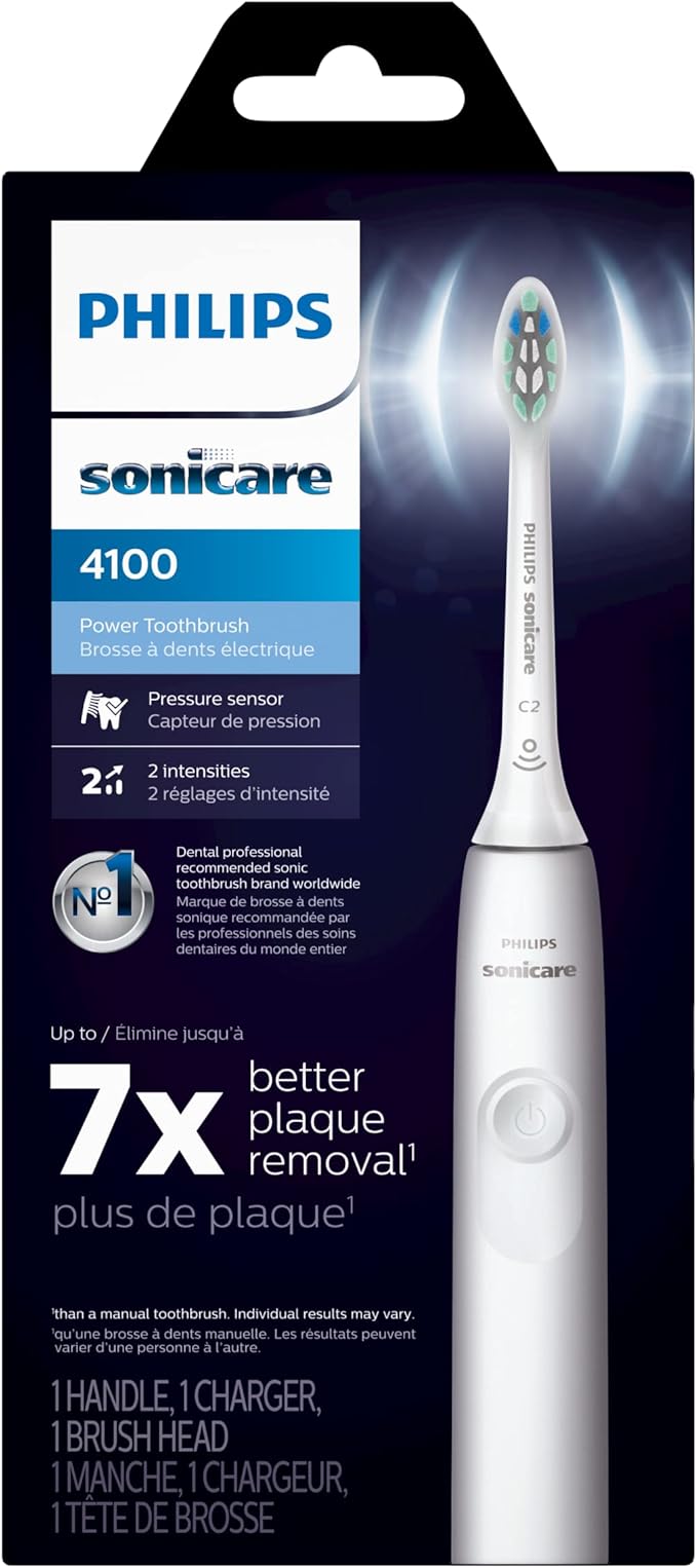 Philips Sonicare 4100 Rechargeable Electric Toothbrush with Pressure Sensor 2 Intensity Settings SmarTimer and QuadPacer 14-Day Battery Life White Model HX3681/23