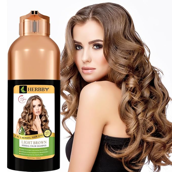 HERBBY Hair Color Shampoo for Gray Hair Coverage&ampColor Transform with 9 Herbal Extracts ?Long Lasting(6-8 Weeks)ShinyEvenly ColoredInstant Hair Dye Shampoo&ampConditioner 500 Ml (LIGHT BROWN