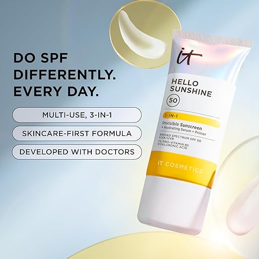 IT Cosmetics Hello Sunshine Invisible Sunscreen for Face SPF 50 - Sunscreen Hydrating Serum &amp Makeup Primer - 1% Pro-Vitamin B5 &amp Hyaluronic Acid - HSA/FSA Eligible - No White Cast
