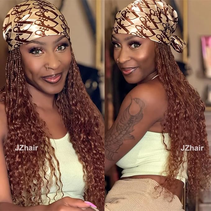 #30 Light Brown Braids Band Wig With Human Hair Curly Ends Boho Box Braids Head Band Wig Grab And Go Braided Hair Extensions For Women Color 30 20 Inch