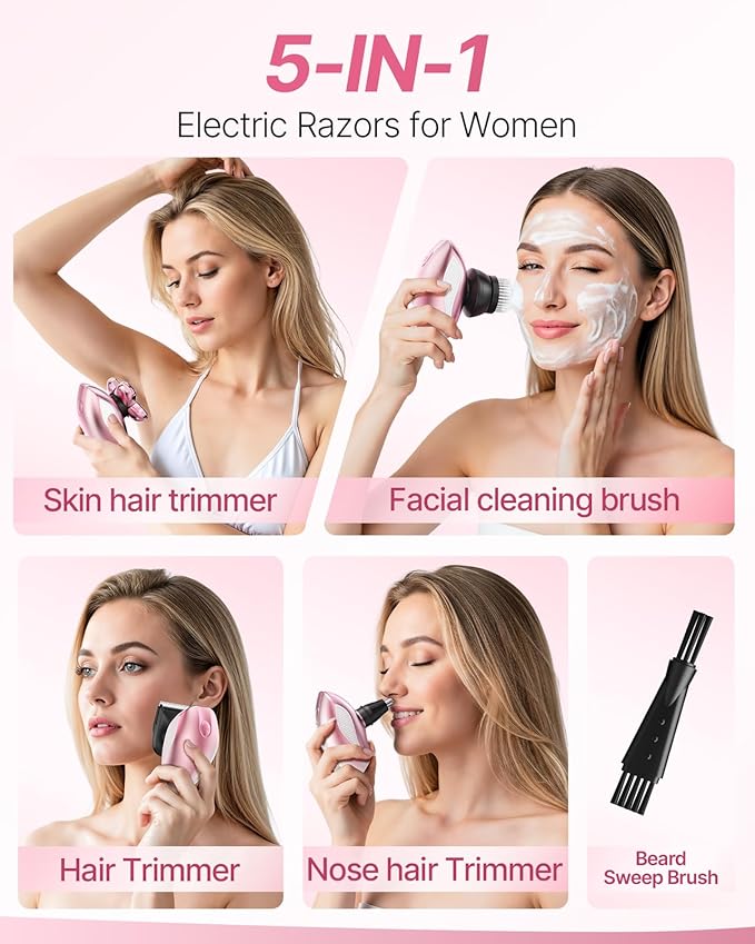 Electric Razors for Women 5-in-1 Rechargeable Body Shaver - Waterproof Wet Dry Hair Remover - Trimmer for Lady Face Underarms BikiniLipsarms Legs