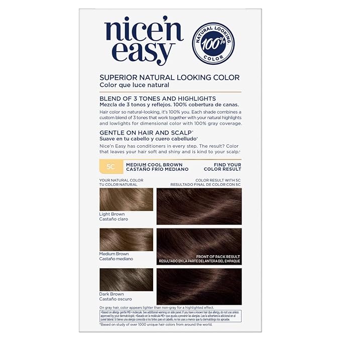 Clairol Nice 'n Easy Permanent Hair Color 5C Medium Cool Brown Pack of 3 Allergy Gentle Single-Step Hair Dye Conditioners Natural-Looking Color Salon Highlights Grey Coverage